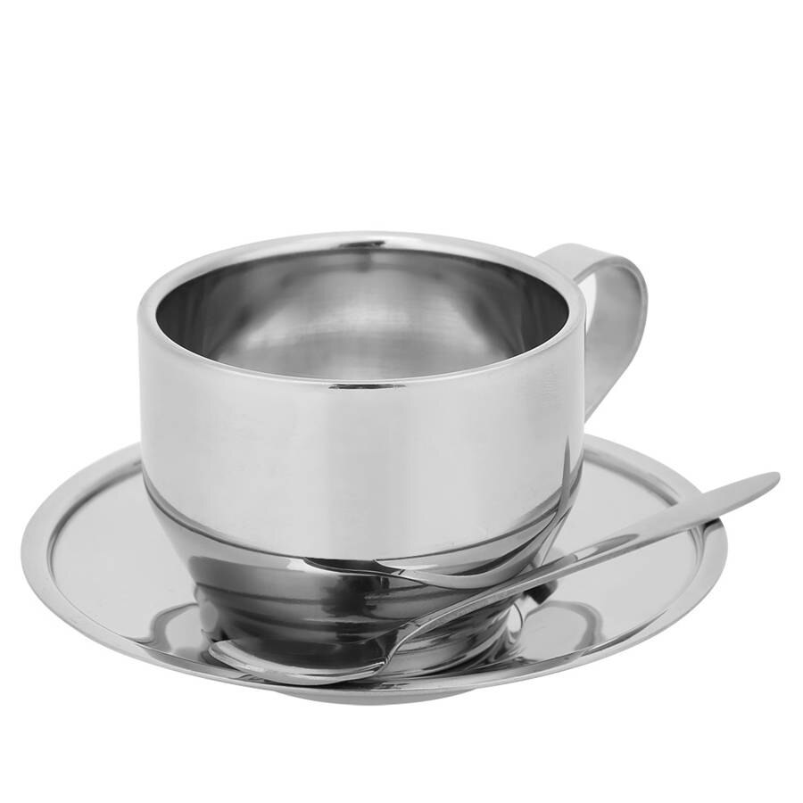 Silver Stainless Steel Anti-Scald Coffee Cup Mugs Espresso Cups with Spoon Saucer Set Tableware