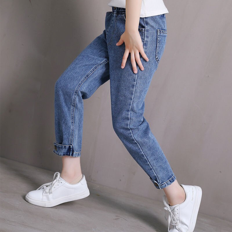 Efterår vinter børn piger afslappet løse denim bukser børn piger elastisk talje jeans fille bukser leggings  l54