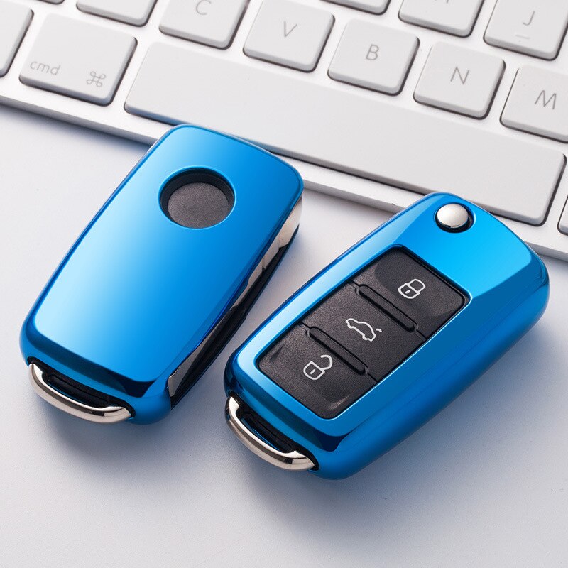 Zachte tpu autosleutelhoes voor vw jetta golf passat kever polo bora 2 / 3- knops klapsleutel beschermhoes accessoires sleutelhanger: A-blauw