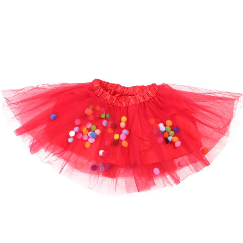 Kids Girls Ballet Layered Fluffy Tulle Tutu Skirt with Rainbow Pom Pom Puff Ball: Red