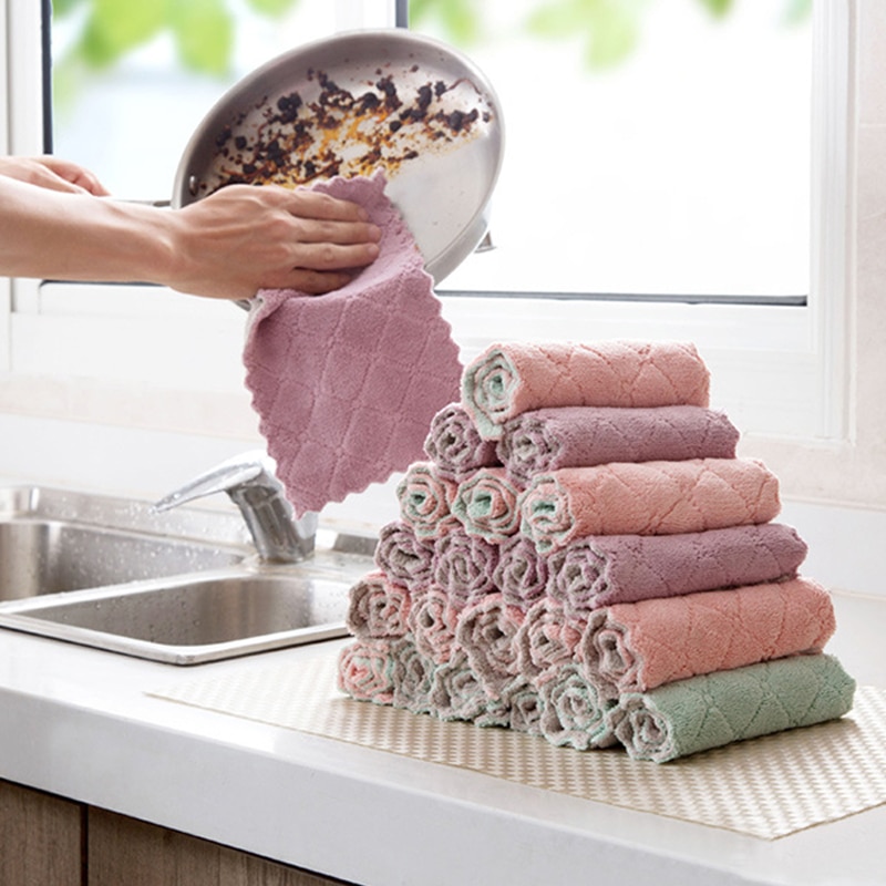 Suef husholdning køkkenhåndklæder absorberende tykkere dobbeltlag mikrofiber tørre bord køkkenhåndklæde rengøring opvask vaskeklud @ 4