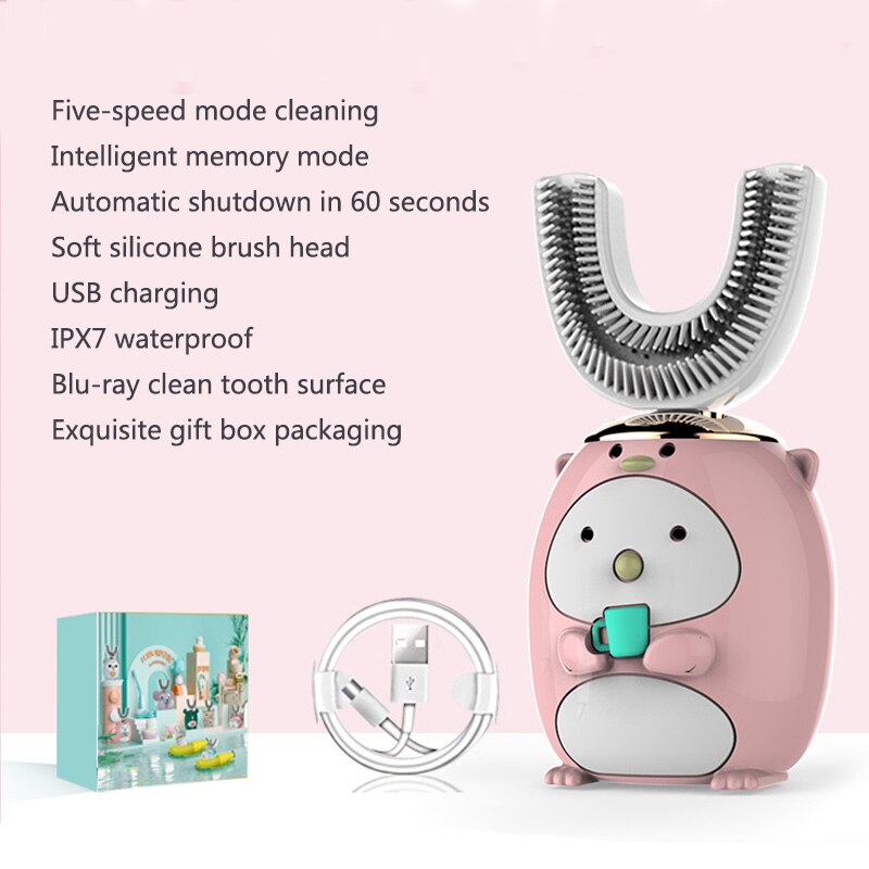 U Shape Smart 360 Angle Cartoon Teeth Cleaner Electric Toothbrush for Kids 2-6Y Teether Automatic Ultrasonic Teether Waterproof