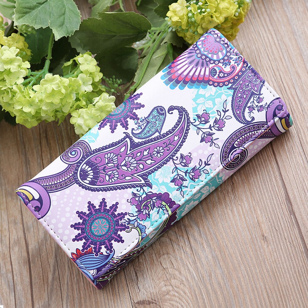 Retro kvinner skinn lang lommebok kortholder telefonveske etui med blomstertrykk clutch veske dame håndveske myntlomme: En