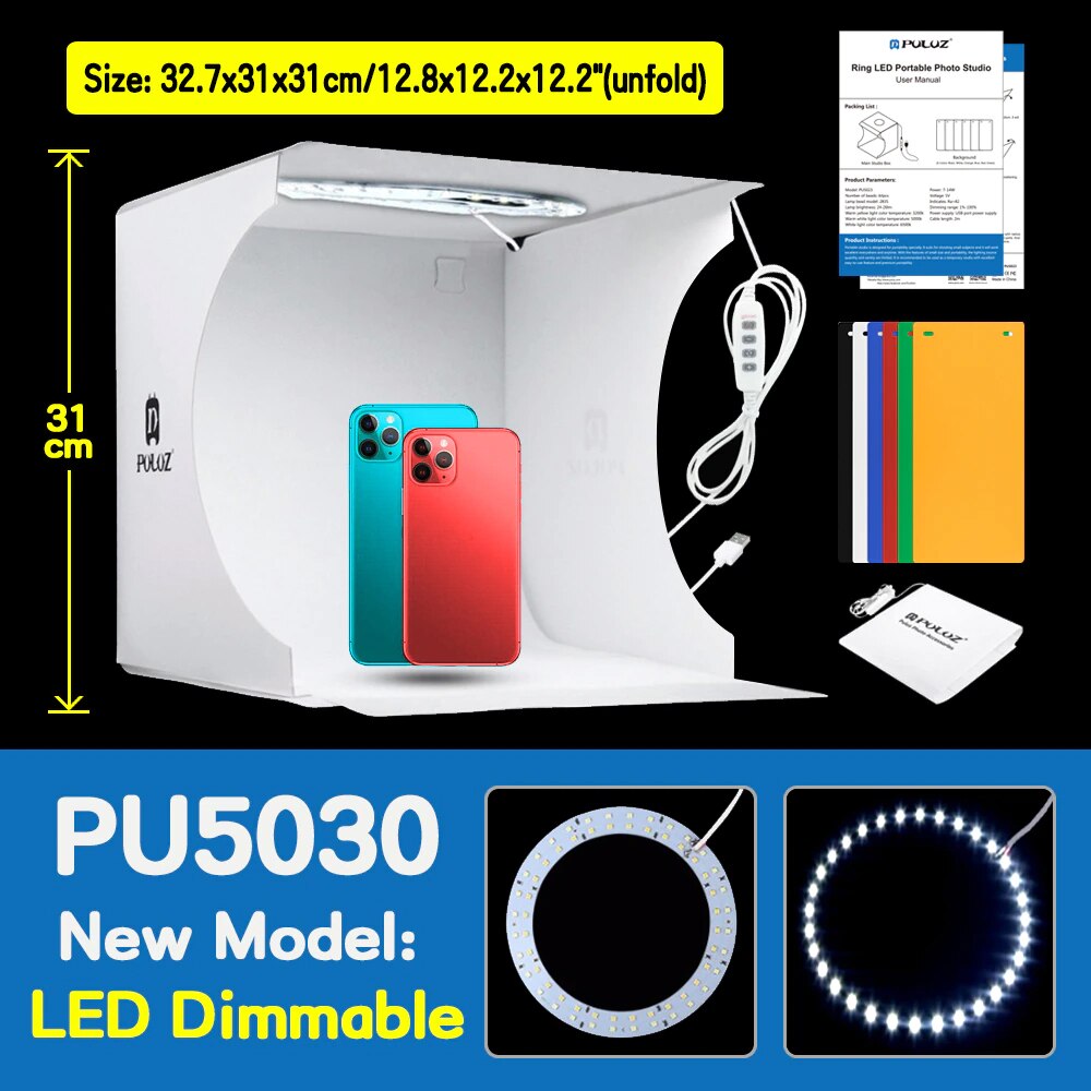 Puluz Mini Fotostudio Doos Led Panel Photo Light Soft Box Fotografie Studio Lightbox Schieten Tent Box Kit &amp; 6 kleur Achtergronden: 30cm Ring LED