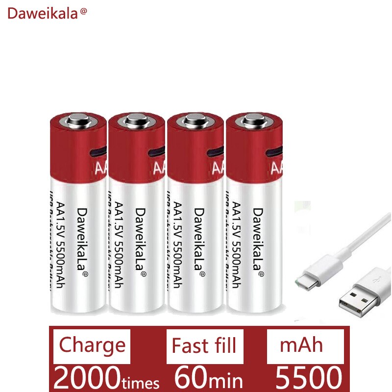Daweikala-Batería de iones de litio recargable por USB para juguetes, reloj con termómetro, reproductor MP3, teclado, AA, 1,5 mah, 5500 V: 4psc