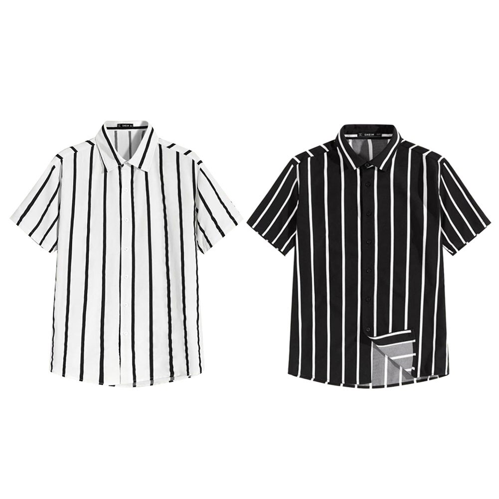 Men Buttons Front Short Sleeve Shirts Breathable Striped Printed Turn Down Collar Casual Shirt
