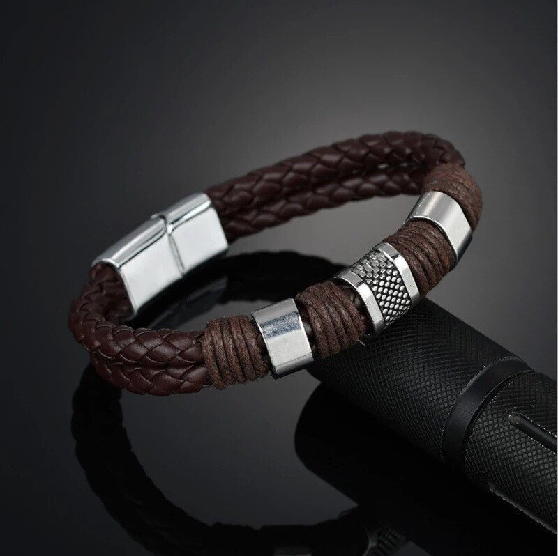 Woven Bracelet Men's Leather Zinc Alloy Magnetic Buckle PU Jewelry: Dark Brown