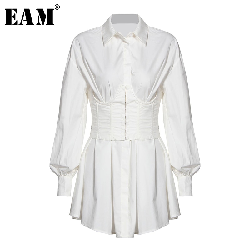 [EAM] Women White Big Size Bandage Pleated Shirt Dress Lapel Long Sleeve Loose Fit Tide Spring Summer 1T922
