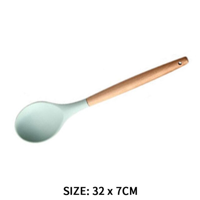 Kitchen Tools Natural Acacia Wood Silicone Cookware Utensil Set Cozinha Spatula Soup Pasta Mestoli Silicone Kitchen Accessories: 04