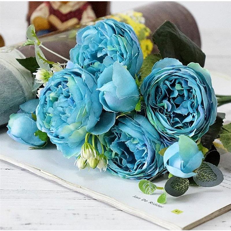 Kunstmatige Pioen Bloemen met 5 Bloemhoofdjes Real Touch Zijden Bloemen Simulatie Pioen Bloemen voor Wedding Home Decoration-Blauw