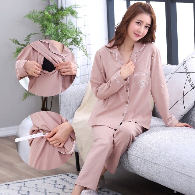 Women 2pcs Maternity Nightwear Sets Solid Tops+Pants Maternity Sleepwear Set Breastfeeding Nursing Sleepwear For Pregnant Women