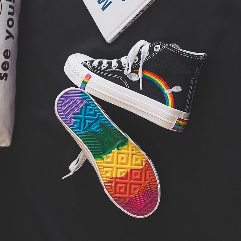 Wit Sneakers Hoge Schoenen Vrouwen Ademend Canvas Regenboog Zool Gevulkaniseerd Schoenen Lopen Jogging Casual Mode Platte Schoenen: Black / 35