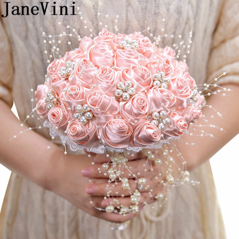Janevini 2020 nova noiva flores cetim rosa pérolas rosa casamento buquê de cristal nupcial buquê fleur artificielle branco broche
