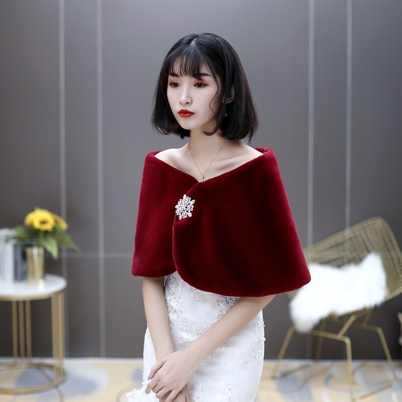 Schwarz Faux Fell Hochzeit Bolero Frauen Zubehör mit Kristalle Dekoration Braut wickelt Herbst Winter Abend zucken: verrotten