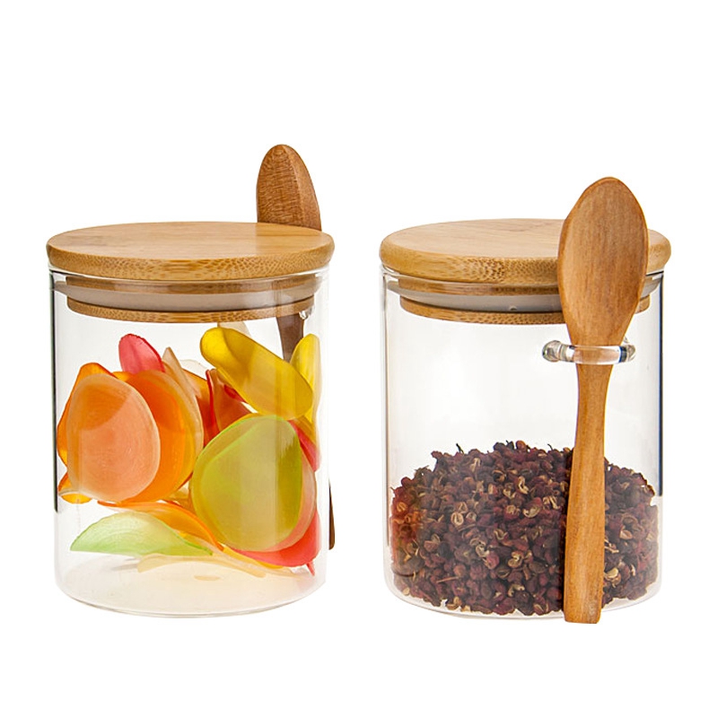 5X Glass Food Airtight Canister Castor Wooden Twist Lid Candy Storage Tank Jar Bamboo Food Container With Wooden Spoon
