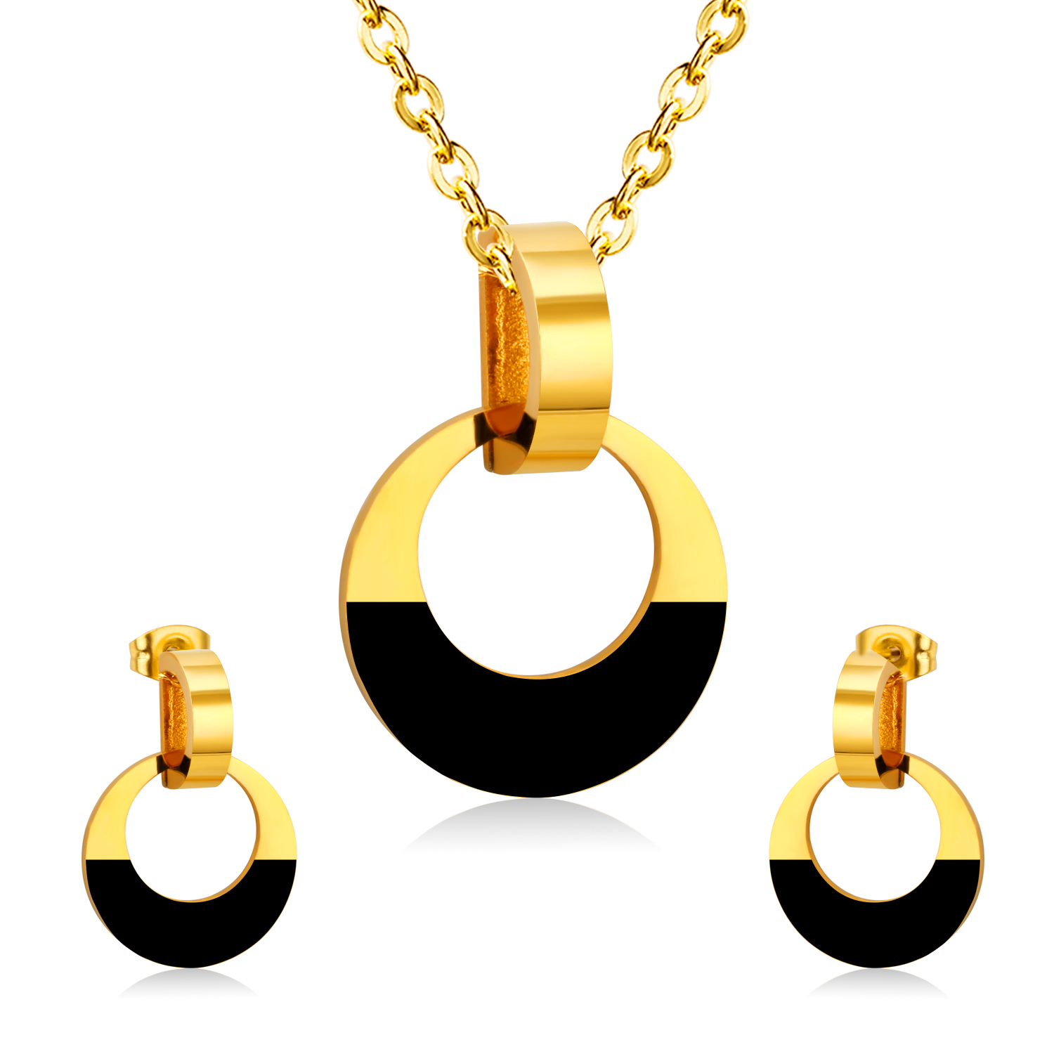 Luxusteel Rvs Sets Goud Kleur Ronde Hanger Necklce Oorbellen Brinco Party Vrouwen: 17 02G