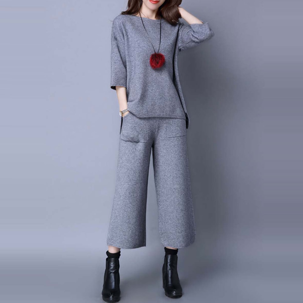 Women's Two-Piece Set - Black/Gray Knit T-Shirt & Wide Leg Pants - Korean Office Style