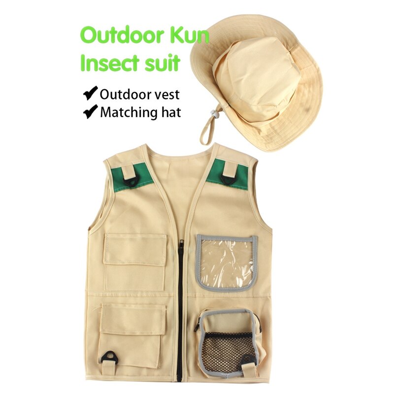 Outdoor Adventure Kit,Young Kid&#39;s Khaki Cargo Vest And Hat Comfortable And Durable Explorer Costume Role Play Toy