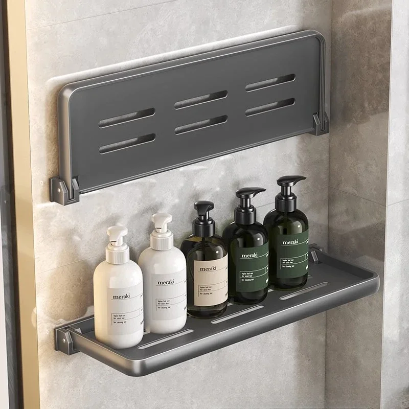Estante de tocador plegable de aluminio, 90 grados, impermeable, colgante, organizador de artículos de tocador, productos para el hogar, sin perforaciones