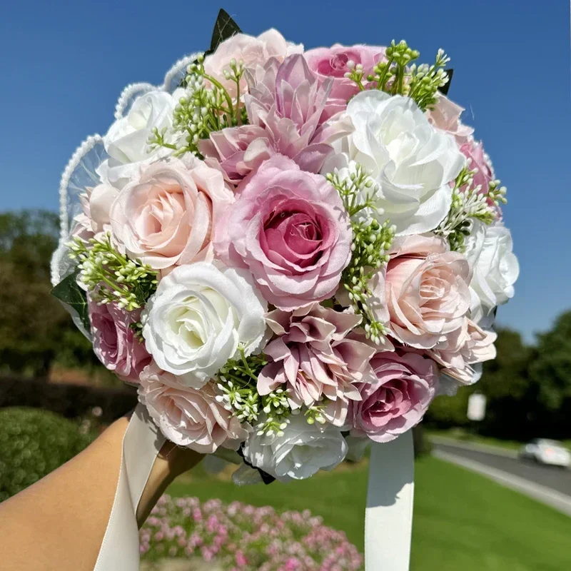 1pc buquês de casamento rosa para noiva, buquês brancos para noiva dama de honra decoração do dia dos namorados pérola renda malha rosa flor: ROXO