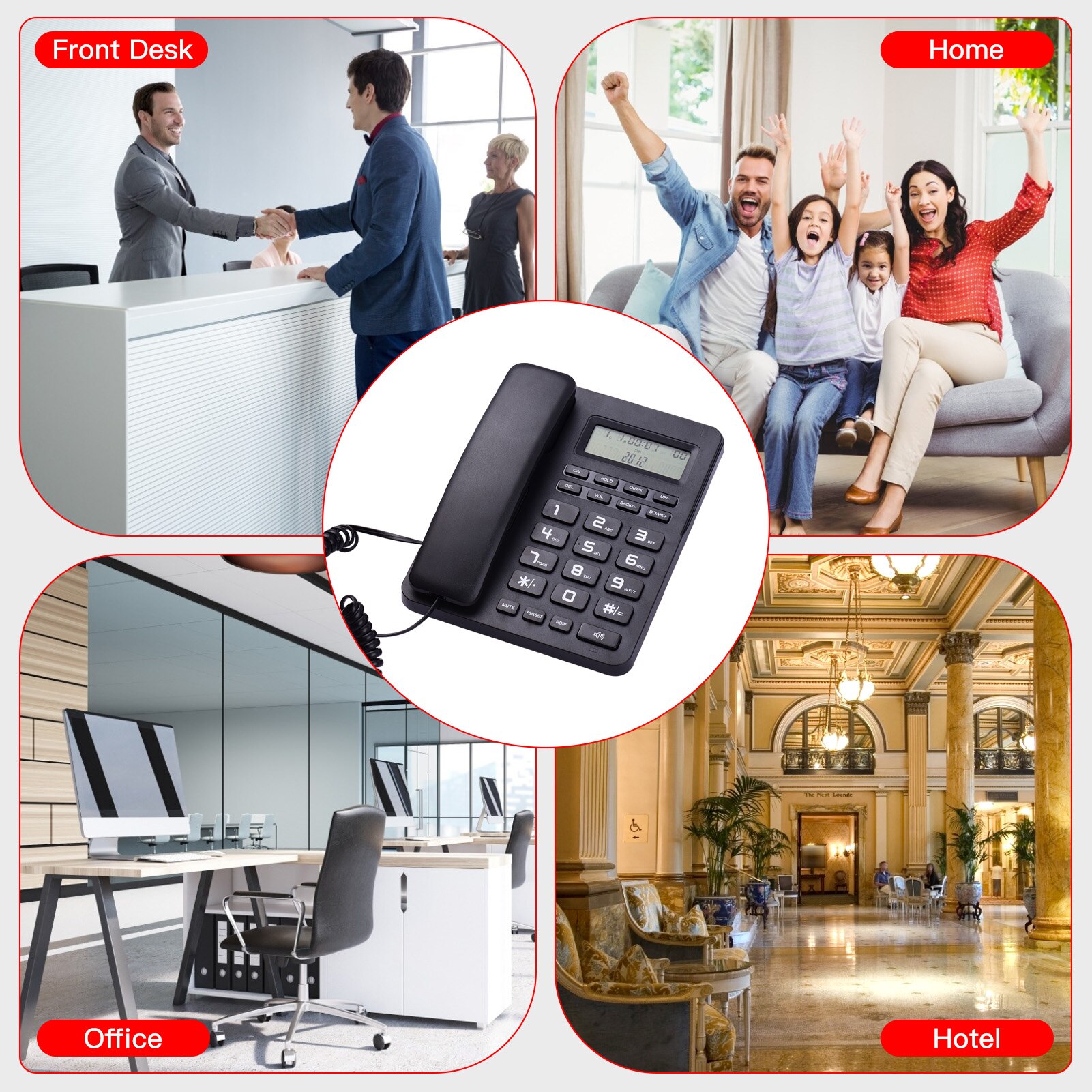 Zwarte vaste telefoon met snoer, bureautelefoon met lcd-scherm, nummerherkenning/wachtgesprek, luidspreker voor thuis, hotel, kantoor