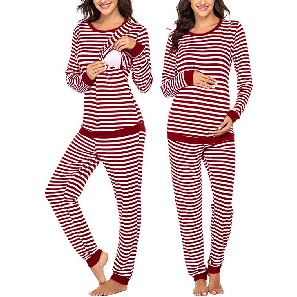 Fall Winter Maternity Nightwear Women Maternity Long Sleeve Nursing T-shirt Tops+Striped Pants Pajamas Set pijama embarazo