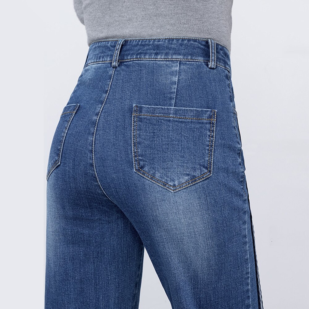 Women Denim Jeans Wide-leg Straight Slimming Bleached Blue Stretchy Jeans For Autumn Plus Size Side Pipe Striped Pattern