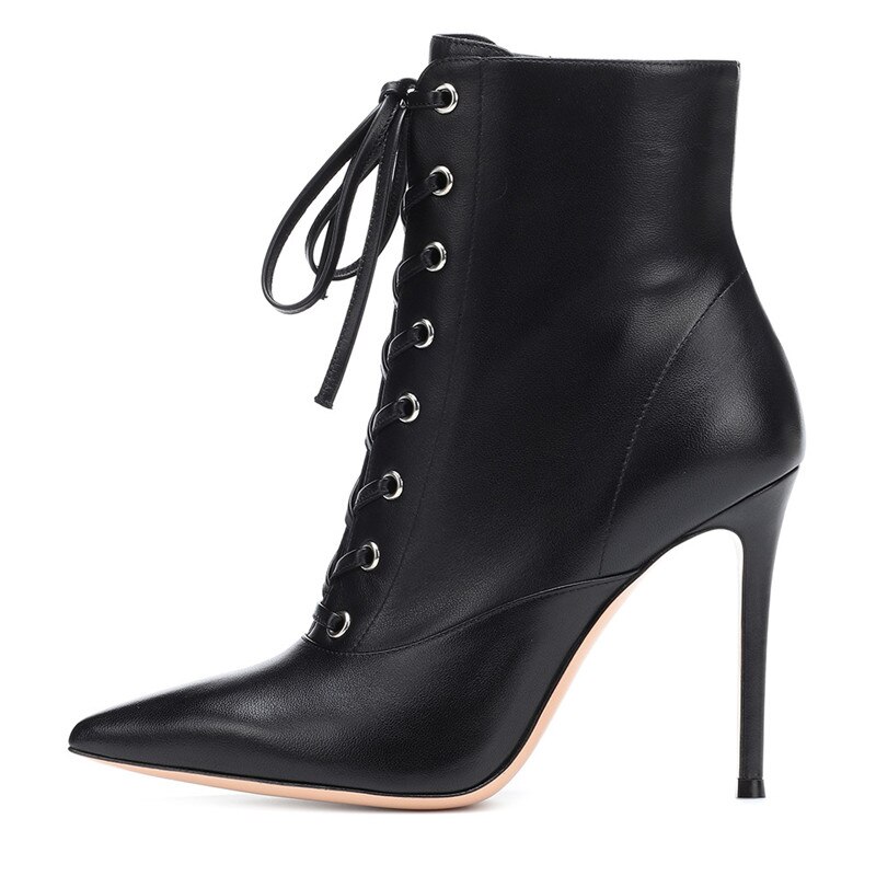 Ladies High Heeled Boots Lace Up Leather Boots Pointed Toe Ankle Boots Zipper Closure: Black / 38