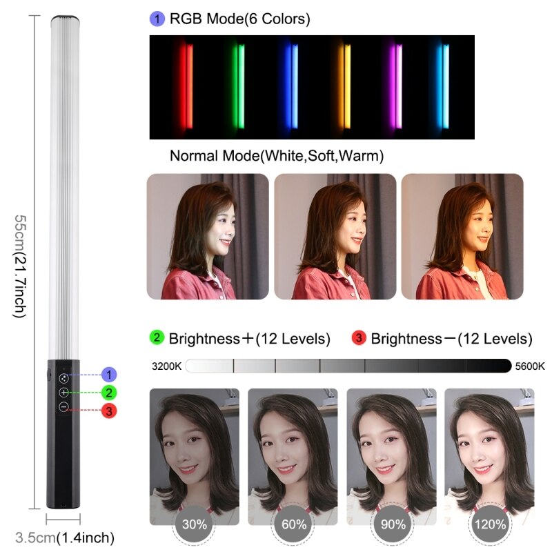 Puluz rgb farverige foto led stick justerbar farvetemperatur håndholdt led fyld lys med fjernbetjening (sort)