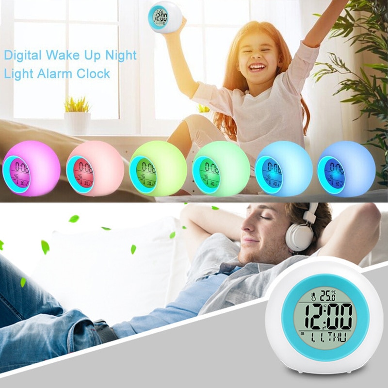 reloj despertador Calendario de 7 colores luz de fondo redonda para niños sonido Frontal alarma bola decoración Natural reloj Digital