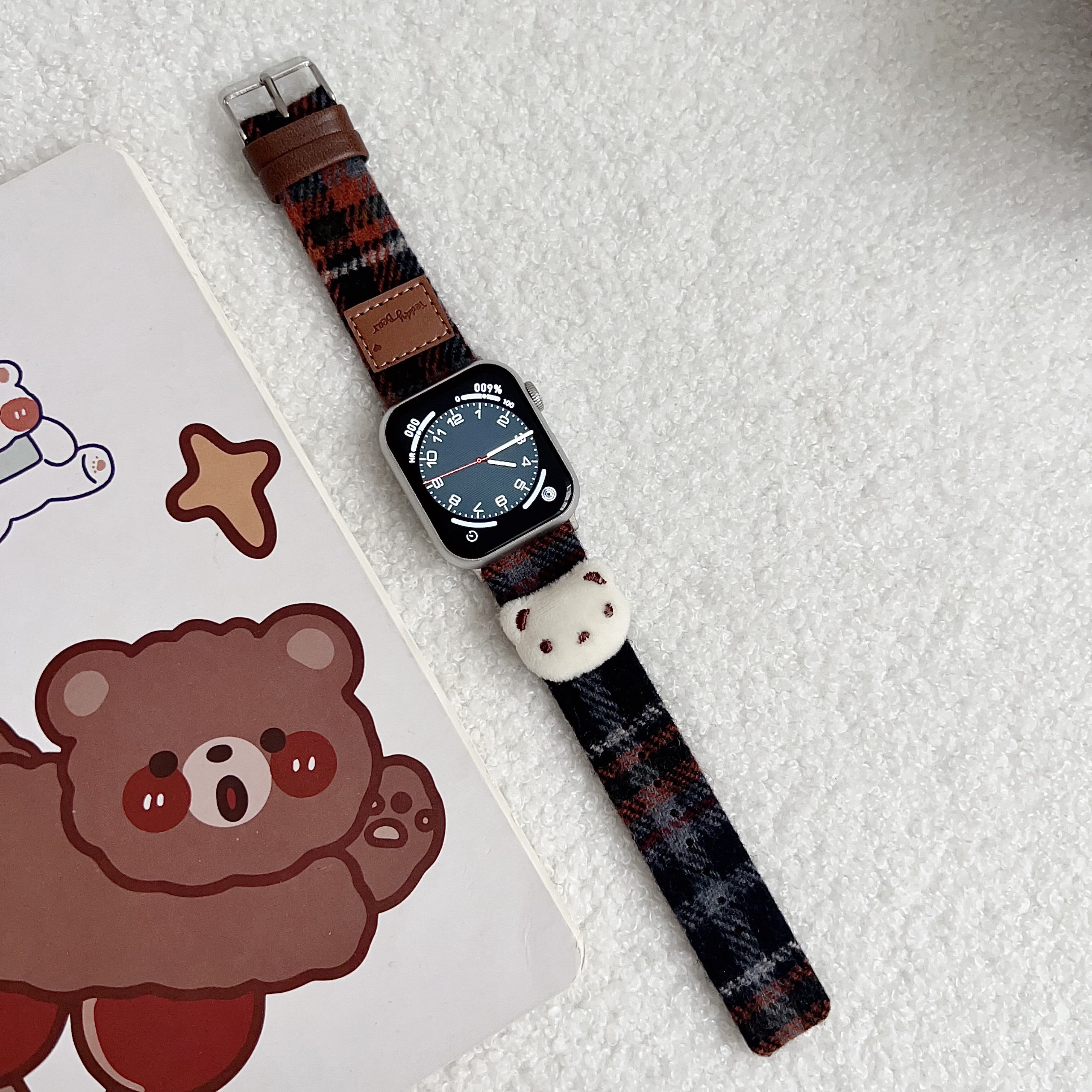 Leren band voor Apple Watch Band Meisjes Schattige beer Armbandketting met Iwatch9876SE Ultra40 41 44 45 mm Dames Pluche Doek Pols: M / Beige