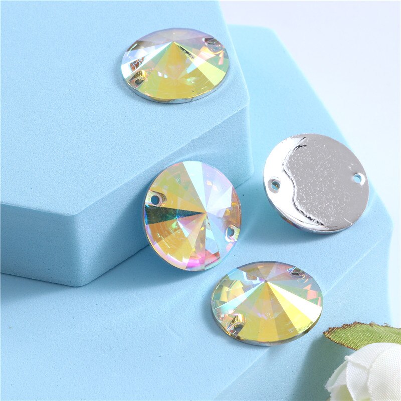 Diamantes de imitación redondos de resina para coser, cristales AB plateados con reverso plano, piedras Strass para ropa, accesorios para zapatos, 7 tamaños