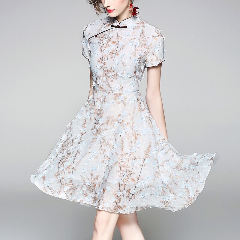 Chinese style summer dress handmade flower modern Qipao