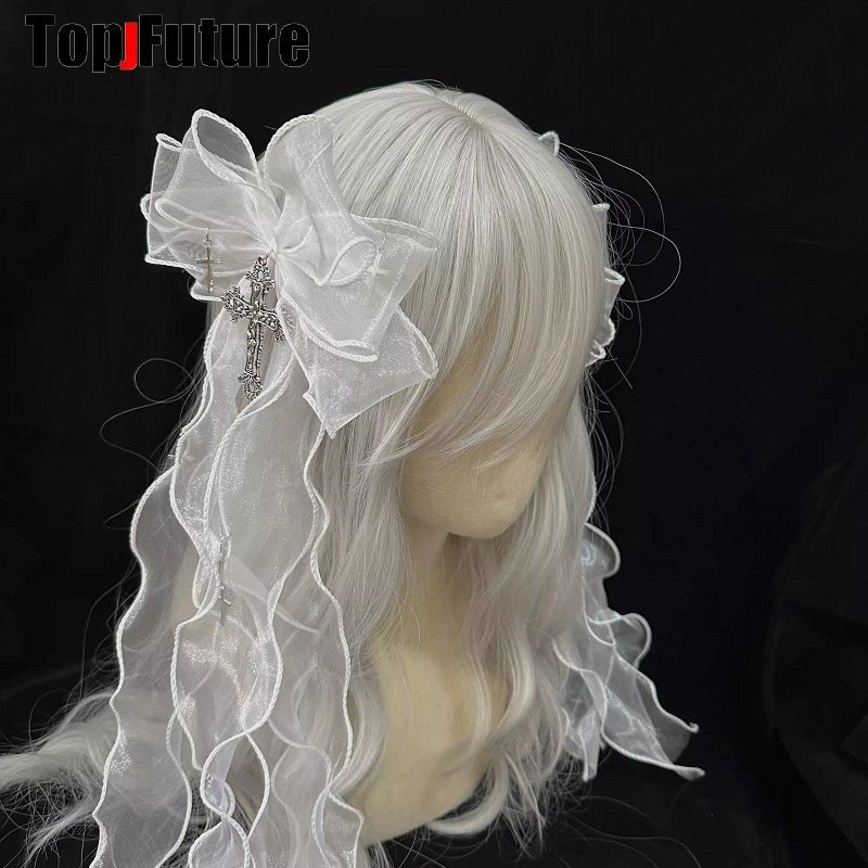 Presilha de cabelo com laço grande, asa de anjo, y2k, menina, harajuku, gótico, original, subcultura, acessórios, grampos de cabelo, presilhas de cabelo: CINZA