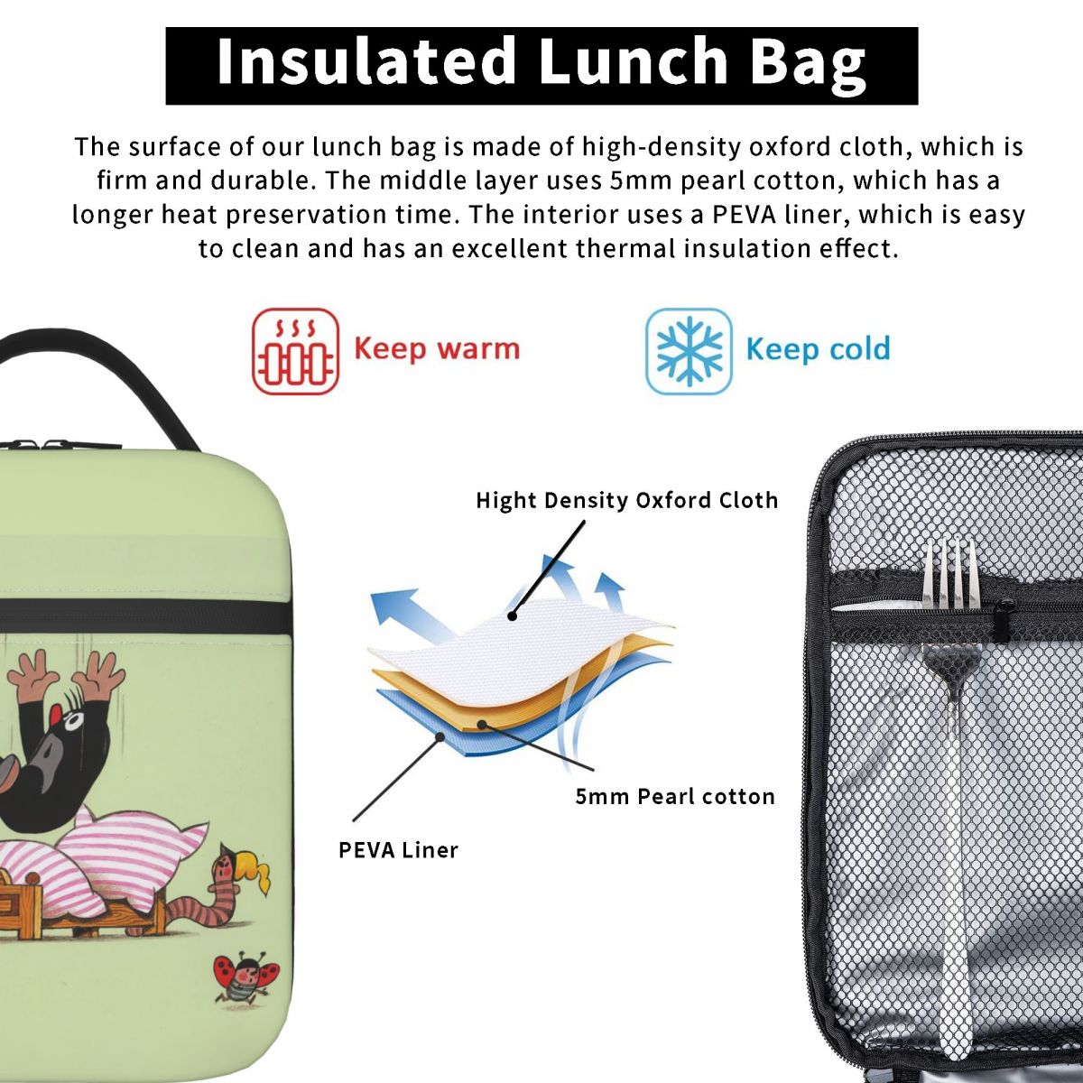 Rolig tecknad mullvad isolerad lunchväska för skolkontor krtek little maulwurf vattentät kylväska termisk lunchlåda kvinnor barn