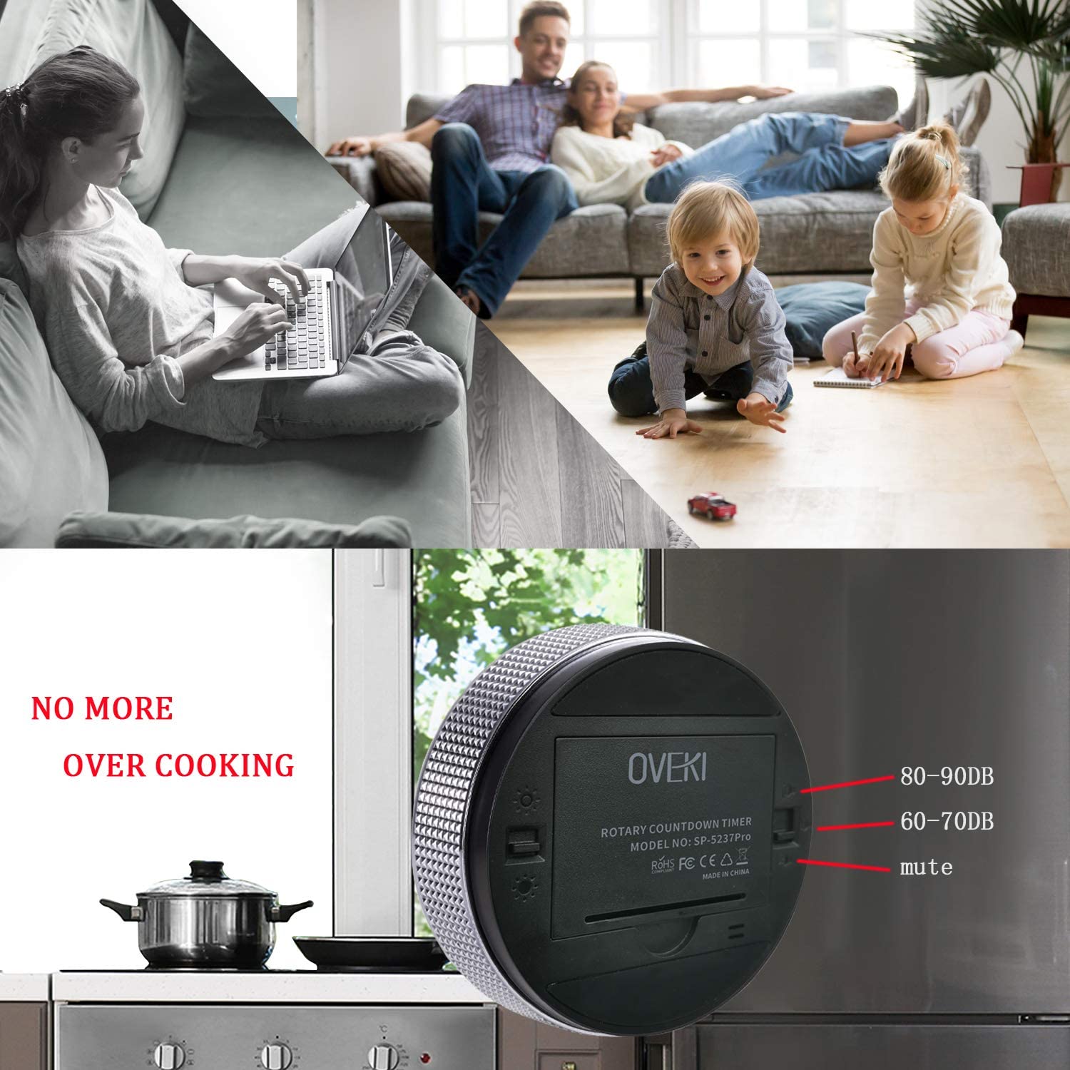OVEKI LED Digital Kitchen Timer for Cooking Stopwatch Magnetic Electronic Countdown Alarm Clock Timer with Brightness Switch