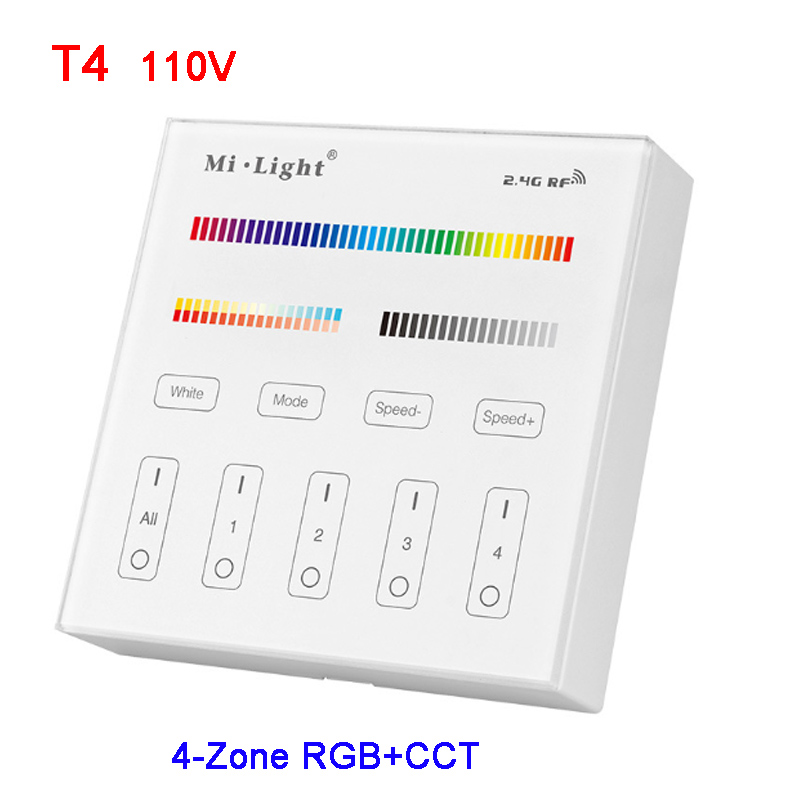 Miboxer RGB+CCT Smart touch Panel Controller B8/B4/T4 Wall-mounted 2.4G 4-Zone 8-Zone Remote switch for led bulb light strip: T4 110V