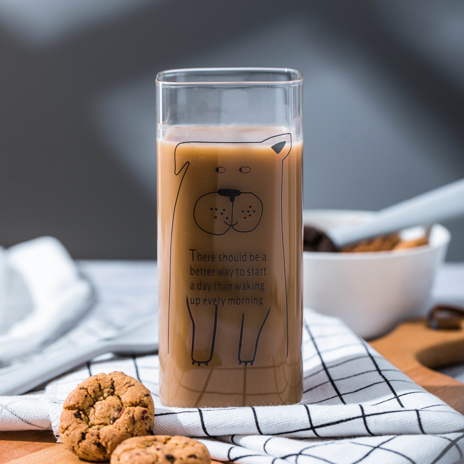Transparent Cute Animal Pattern Glass Cup Household Coffee Milk Breakfast Drink Mug Student Square Cup Heat-resistant: Dog
