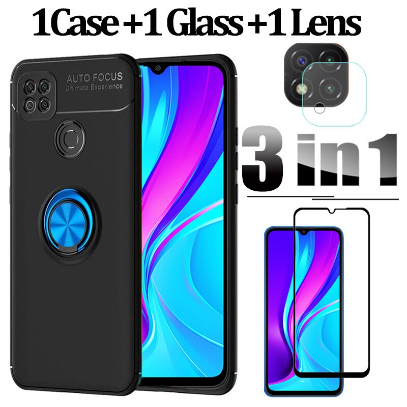 Xiaomi Redmi 9 C Globale M2006C3MG Mit Finger Ring Telefon hülle redmi 9c + schutz glas Redmi 9 C Silikon handyhülle Redmi 9C NFC Fall: 3in1 BackBlueCase