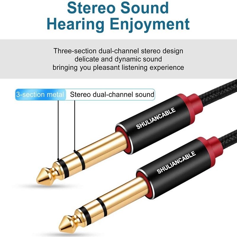 Kabel do instrumentów gitarowych Lungfish, kabel audio stereo TRS 6,35 mm męski do męskiego do gitary elektrycznej, gitary basowej, mandoliny elektrycznej