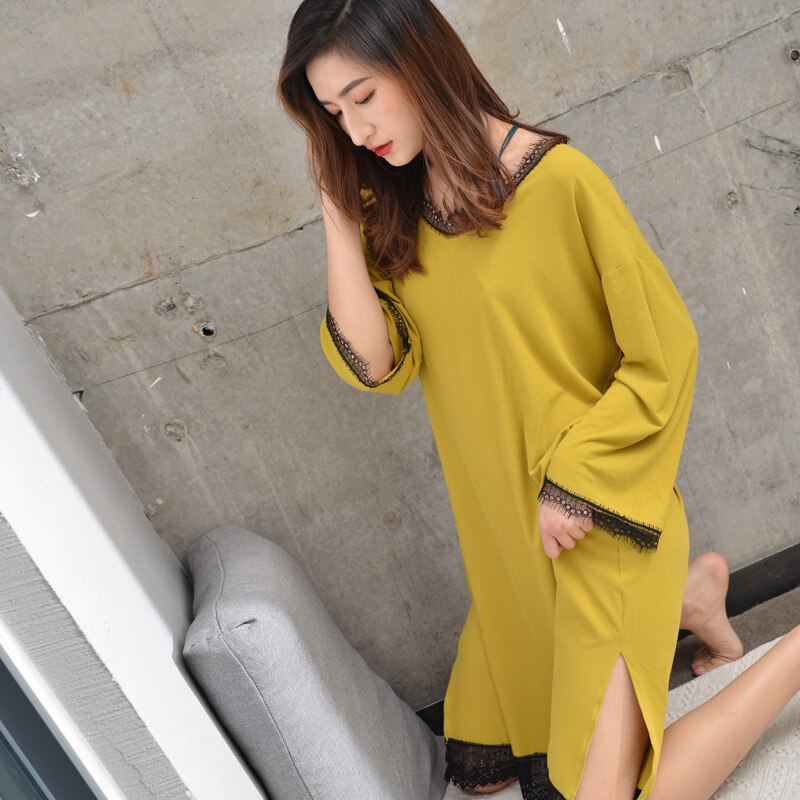 Zomer losse modale slaaprok zomer lange mouwen kanten nachtkleding plus size lange nachthemden sexy slaapshirts naakt slapen