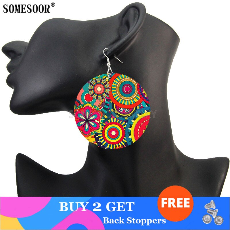 Somesoor Afrika Sieraden Bohemian Houten Zowel Afdrukken Ronde Hangers Zwarte Oorbellen Voor Vrouwen: Both Sides Print 6