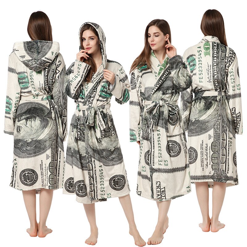 Womens Flanel Gewaden Coral Fluwelen Badjas Dollar Print Comfortabele Eenvoudige Lange Mouw Badjas Knielengte Bad Gown Ouc195