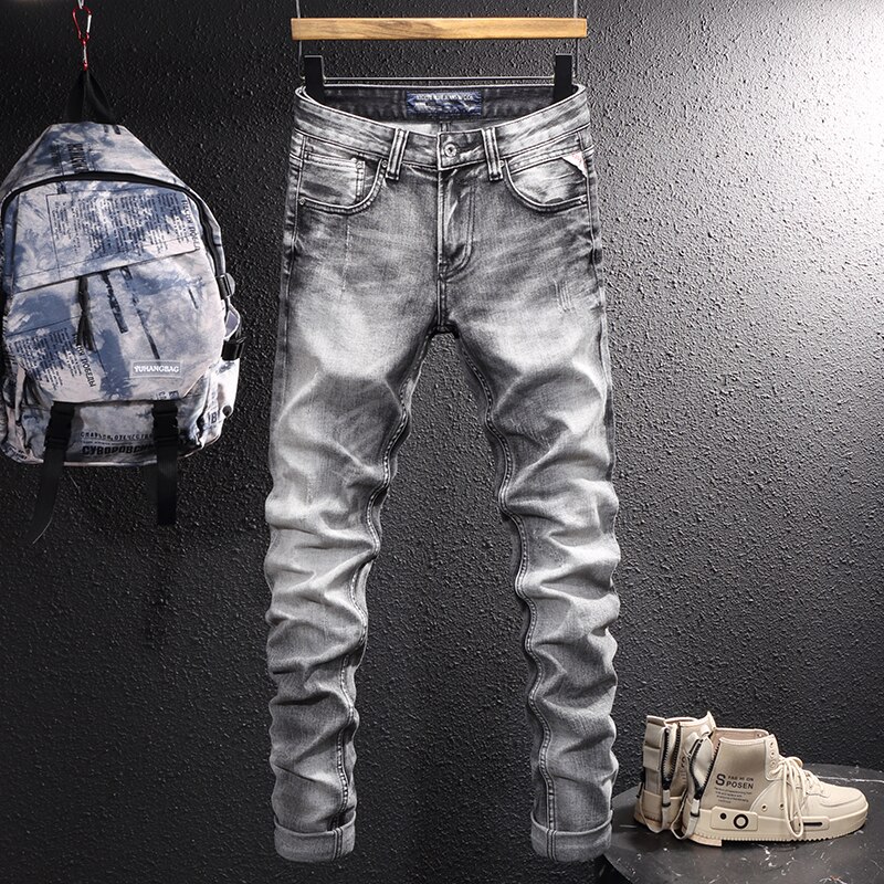 Pantalones vaqueros rasgados de para hombre, Jeans Retro grises elásticos, ajustados, rasgados, rasgados, Vintage, informales: 38(Chinese Size)