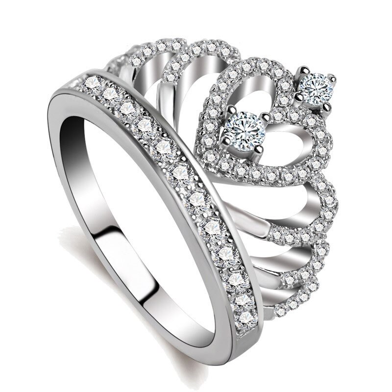 Anillos de boda con corona de corazón de plata de ley 925 romántica para mujer, con cristal transparente de 5A CZ, Plata de ley-joyería Anel