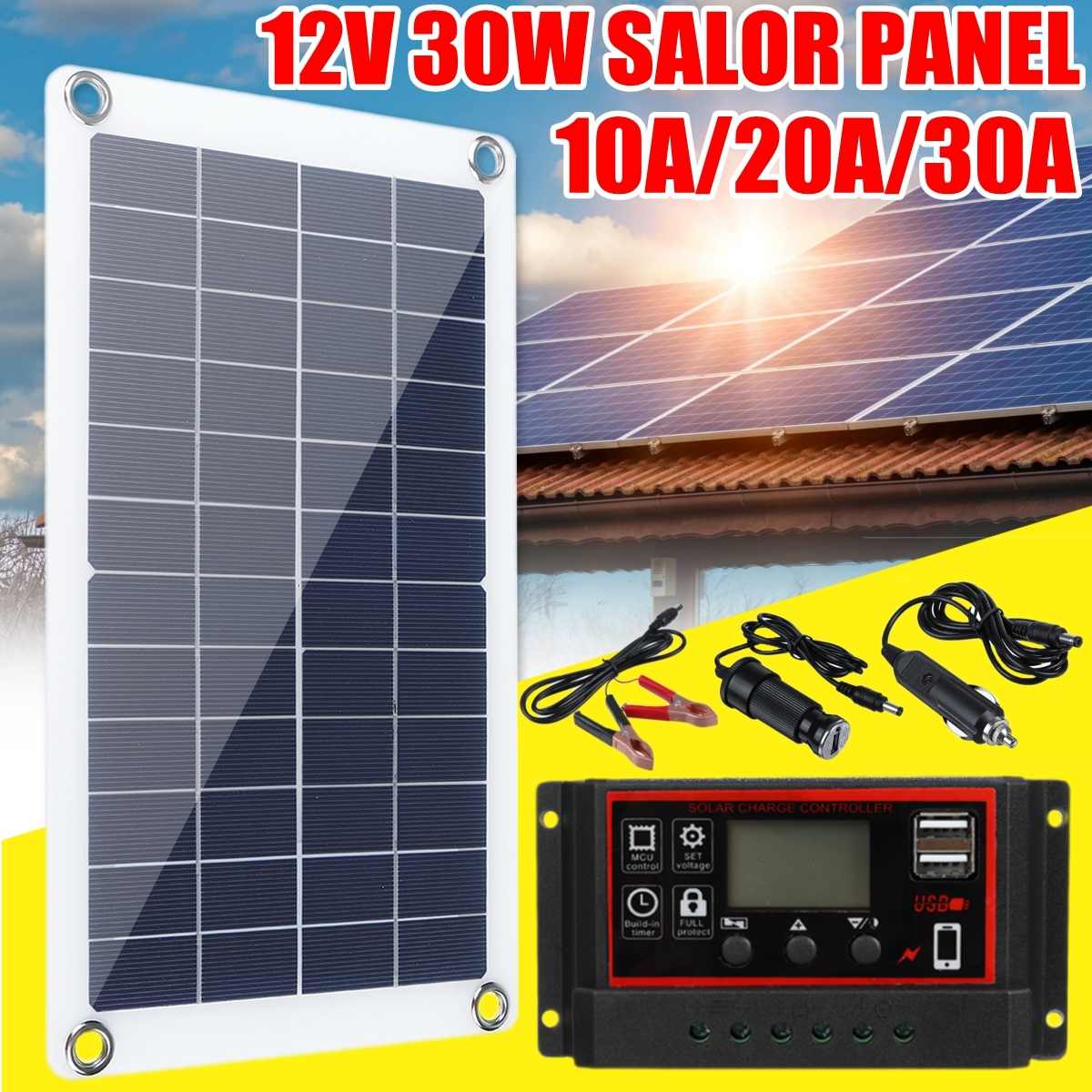 30W 12V 24V Solar Panel with battery Clip+10/20/30 Solar Car Charger Controller Solar Cells Panel for Outdoor Camping Hiking