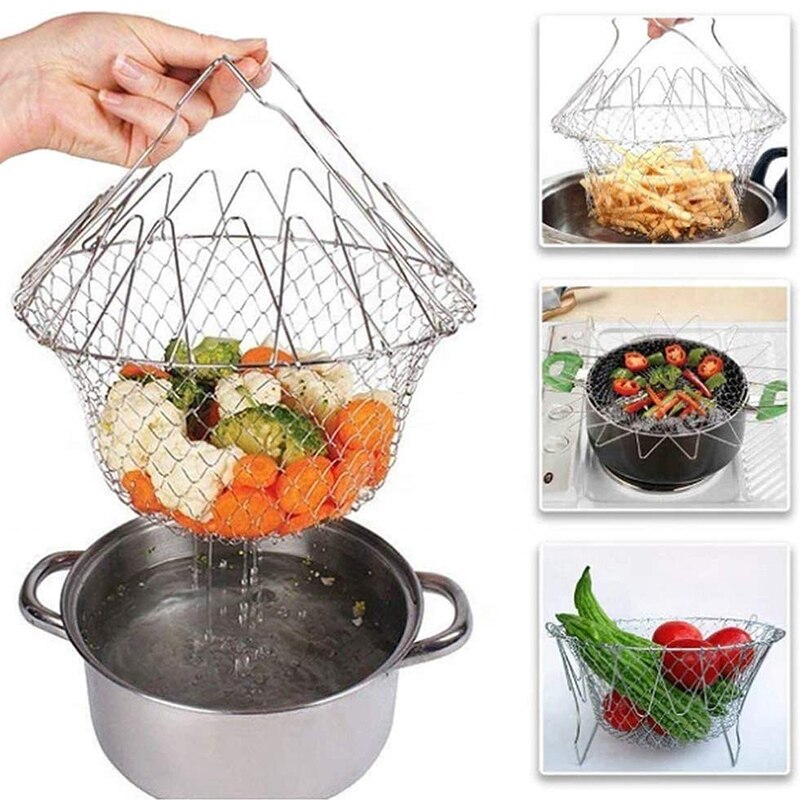 Foldable Stainless Steel Deep Fry Basket Steam Rinse Strain Fry Basket Strainer Net Kitchen Utensil Gadget Telescopic Fry Basket