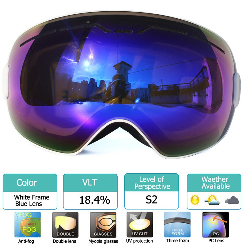 Uv400 anti-condens skibrillen met dubbele laag, grote lenzen, skibrillen met grote frame, sneeuwbrillen voor mannen, snowboardbrillen met spiegelcoating: Wit blauw