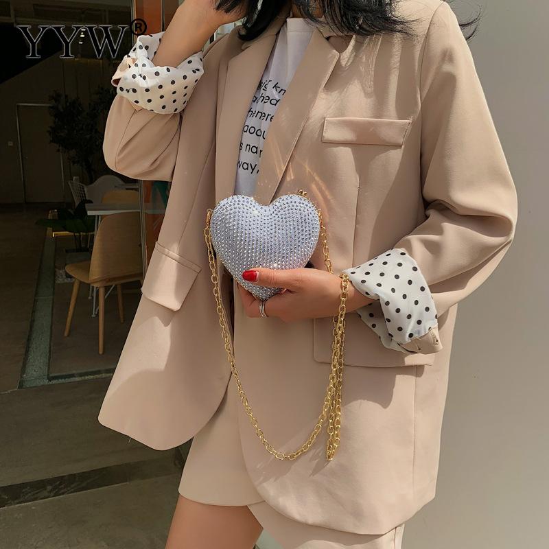 Metal senhoras festa saco de embreagem strass cristal noite bolsa em forma de coração diamante 2019 nova moda senhoras saco de casamento