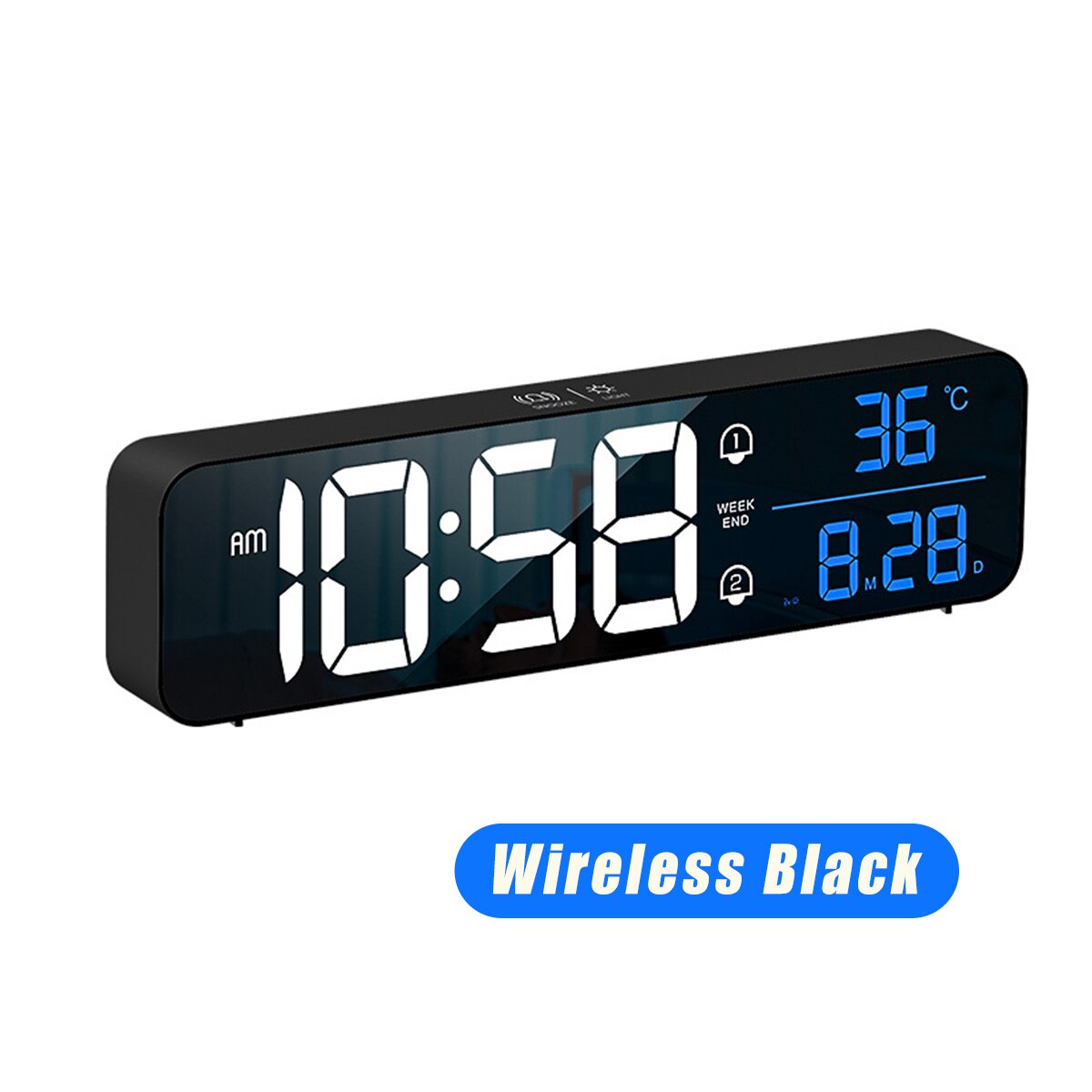 Wireless LED Digital Dual Mode Alarm Clock Digital Snooze Electronic Mirror Clocks 5 Brightness Adjustable Home Table Wall: Wireless Black